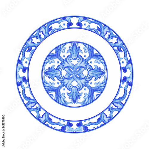 Blue and yellow ceramic pattern. Traditional tribal ornament. Capri Maiolica. Delft Blue and White. Azulejo	