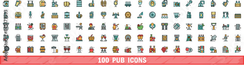 100 pub icons set. Color line set of pub vector icons thin line color flat on white