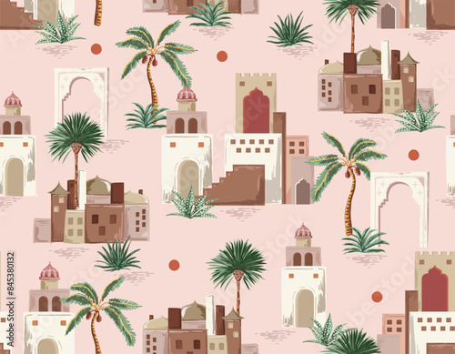 Moroccan architecture. City Scape building and garden seamless pattern,  bohemian aesthetic. Vector illustration