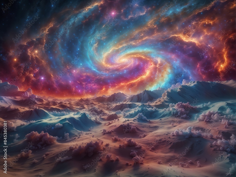 Surreal Cosmic Landscape With Vibrant Spiral Galaxy in Colorful Night Sky