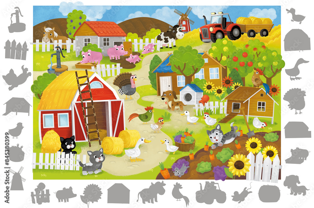 cartoon scene with farm board game page with farm village ranch finding elemens illustration for children
