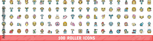 100 roller icons set. Color line set of roller vector icons thin line color flat on white