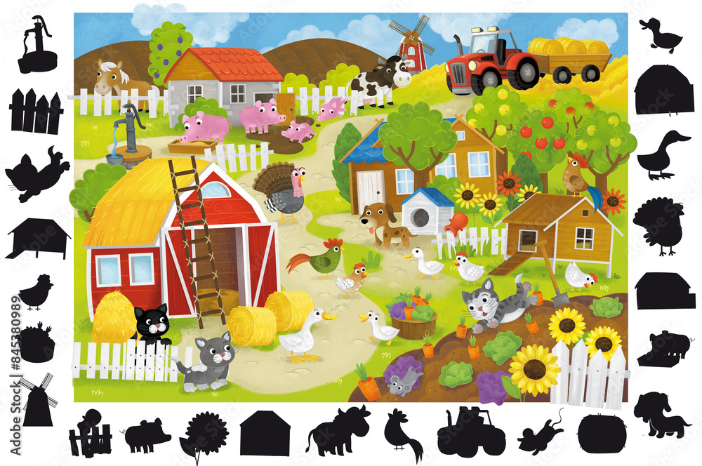 Naklejka premium cartoon scene with farm board game page with farm village ranch finding elemens illustration for children