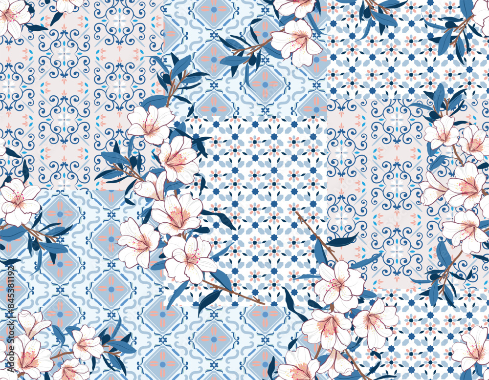 Beautiful Tiles patchwork with Blooming floral pattern with white Flower Moroccan style Seamless pattern Vector Illustration