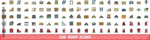 100 roof icons set. Color line set of roof vector icons thin line color flat on white