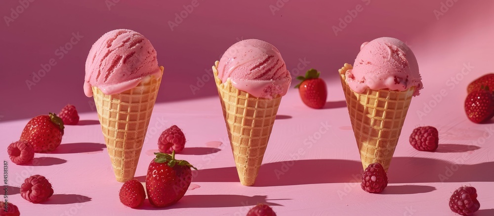 Sweet strawberry ice cream scoops with crispy cones, ripe berries, and shadows on a pink background in a studio Sweet strawberry ice cream scoops with crispy cones, ripe berries, and shadows on a pink background in a studio