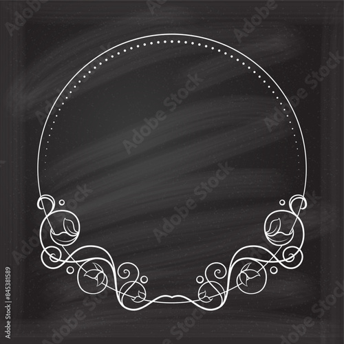 Decorative floral frame on a chalkboard background. Monogram, wedding invitation or greeting card template.