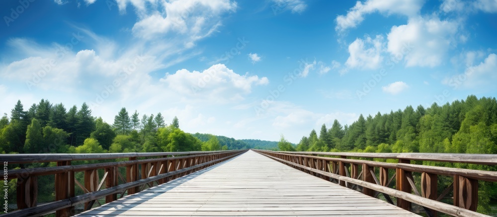 Wooden bridge and Forest background with blue sky. Creative banner. Copyspace image Wooden bridge and Forest background with blue sky. Creative banner. Copyspace image