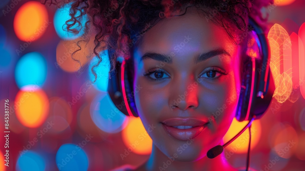 A cheerful woman with headset in a vibrant, futuristic environment, offering tech-friendly vibes A cheerful woman with headset in a vibrant, futuristic environment, offering tech-friendly vibes