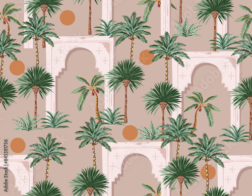 Moroccan architecture. City Scape building and garden seamless pattern,  bohemian aesthetic. Vector illustration