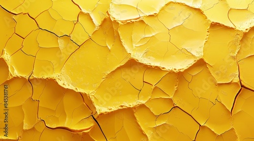 Cracked yellow texture with dried, broken surface and abstract patterns photo