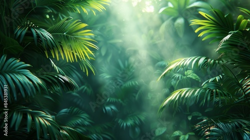 Lush green tropical leaves with sun rays piercing through, creating a natural, ethereal backdrop