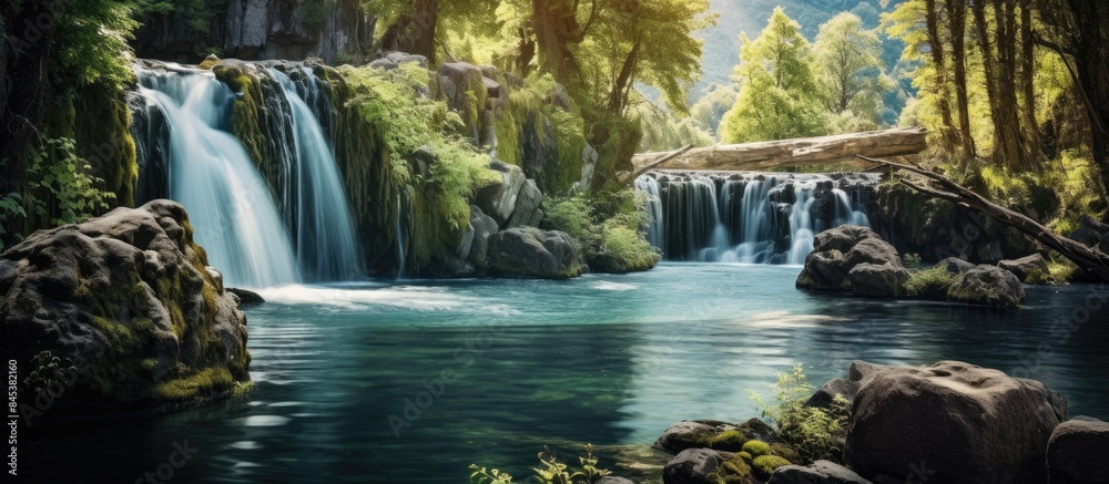 Naklejka premium Waterfall with stones in wild nature. Creative banner. Copyspace image