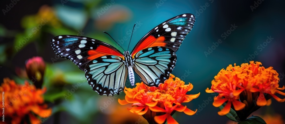Naklejka premium a butterfly on an orange flower. Creative banner. Copyspace image