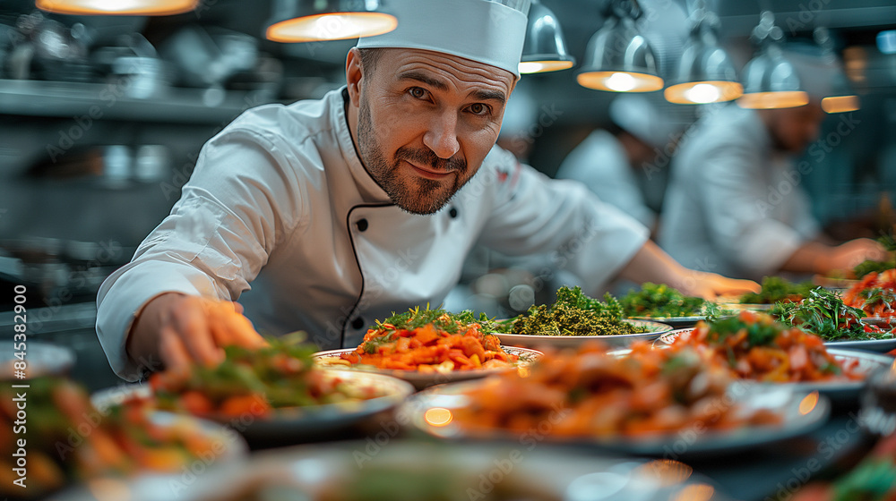 Closeup of a young chef garnishing food on the plate Closeup of a young chef garnishing food on the plate
