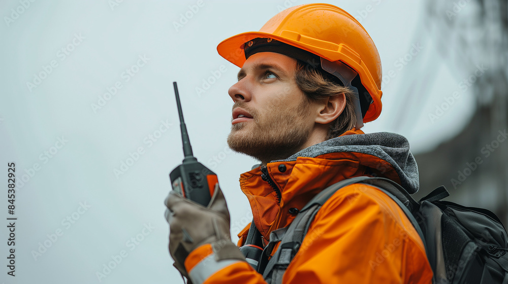 Giving instructions. Close up portrait of professional young builder in working uniform and red protective helmet holding walkie talkie while standing at construction site. Industry concept. Giving instructions. Close up portrait of professional young builder in working uniform and red protective helmet holding walkie talkie while standing at construction site. Industry concept.