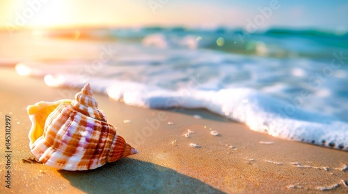 A seashell rests on a sandy beach with foamy waves gently lapping at the shore, the sun setting in the distance
