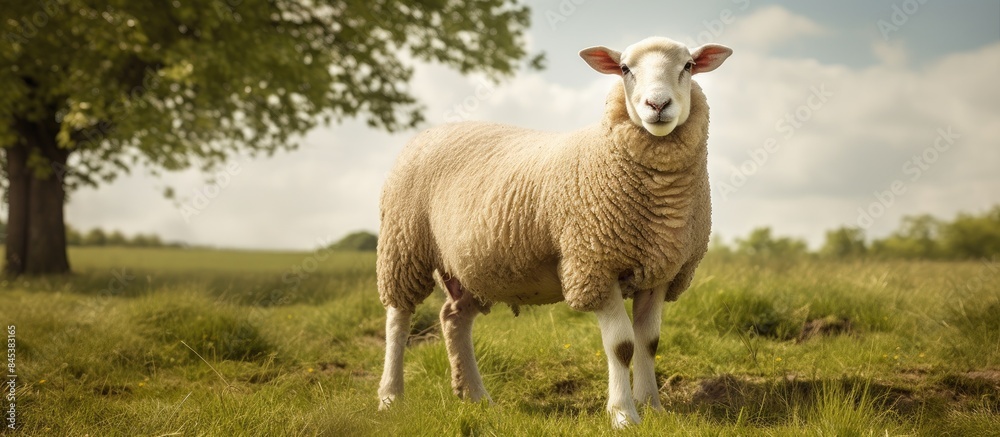 Adult sheep outdoors in the farm. Creative banner. Copyspace image Adult sheep outdoors in the farm. Creative banner. Copyspace image