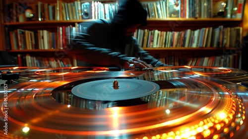 An image showing a DJ in motion, mixing music with turntables in a lively atmosphere with vibrant lighting