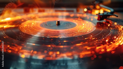 A vinyl record playing on a turntable illuminated with ambient warm orange light, creating a cozy atmosphere