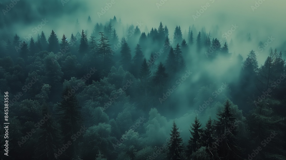 Enigmatic Wilderness: Aerial View of Fog-Clad Mountain Forest Enigmatic Wilderness: Aerial View of Fog-Clad Mountain Forest