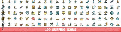 100 surfing icons set. Color line set of surfing vector icons thin line color flat on white