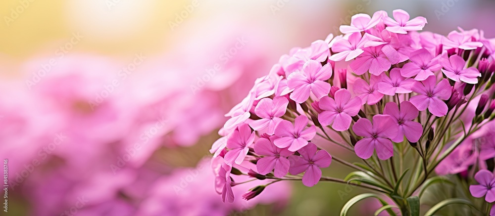 Obraz premium Beautiful phlox flowers growing in a nature against blur background. Creative banner. Copyspace image