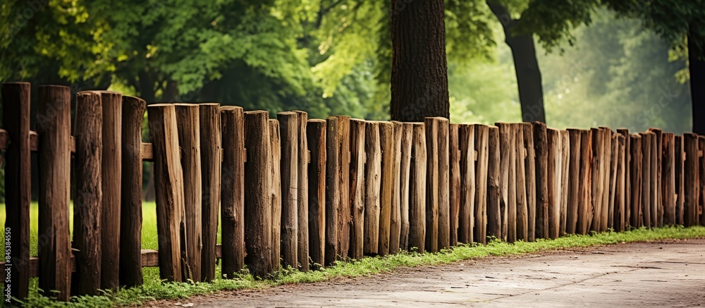 Fototapeta premium Old wooden fence made of tree trunks. Creative banner. Copyspace image