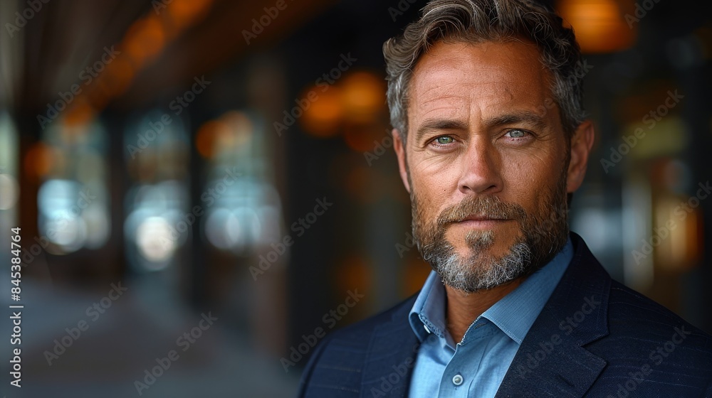 Close-up of a distinguished middle-aged man with blue eyes and grey hair, looking intently at the camera Close-up of a distinguished middle-aged man with blue eyes and grey hair, looking intently at the camera