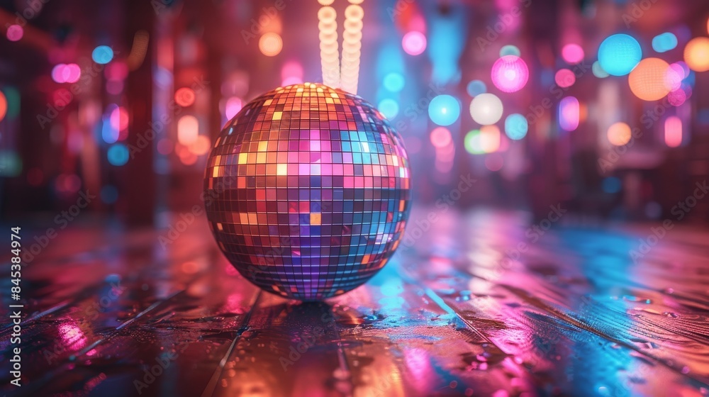 A disco ball in a room bathed in neon lights reflecting on a wet floor A disco ball in a room bathed in neon lights reflecting on a wet floor