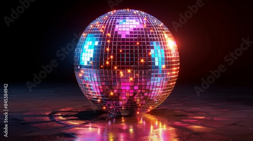 A large disco ball shines with reflective tiles on a dark checkered floor