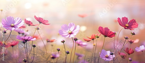 Beautiful and pretty autumn flowers cosmos. Creative banner. Copyspace image