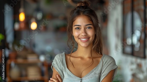 A friendly young woman stands with a genuine smile in an inviting and cozy cafe environment