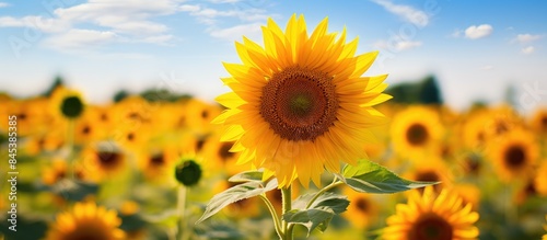 sunflower in a field of sunflowers on a sunny summer day. Creative banner. Copyspace image