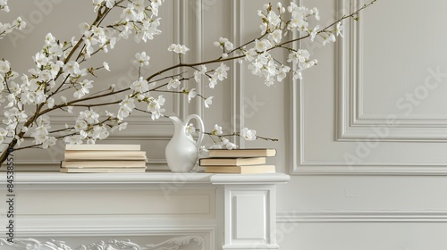 a white fireplace adorned with white flowers and books on top, set against a light background with soft natural daylight.