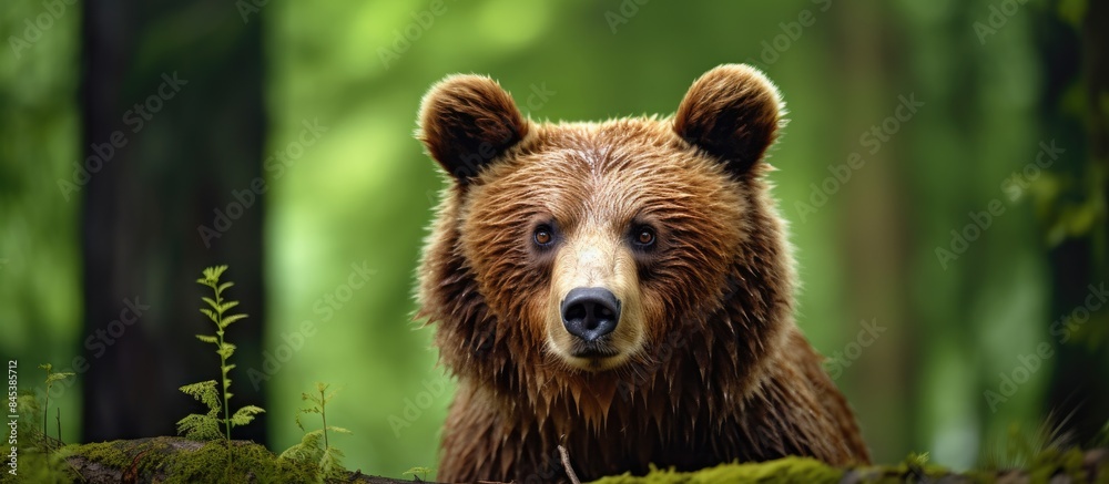 Obraz premium Close up portrait of Brown bear in the summer forest Green forest natural background Scientific name Ursus arctos Natural habitat. Creative banner. Copyspace image