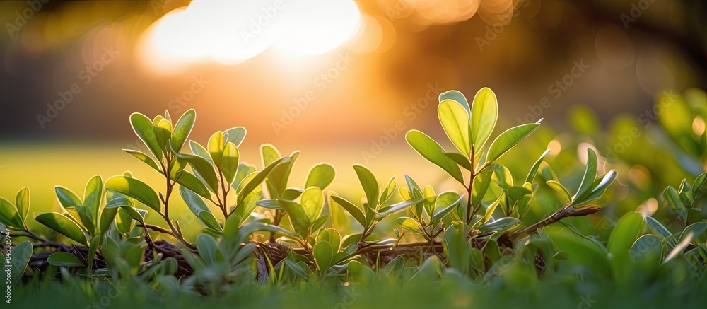Green bushes with young leaves in the sunset Background springtime image. Creative banner. Copyspace image
