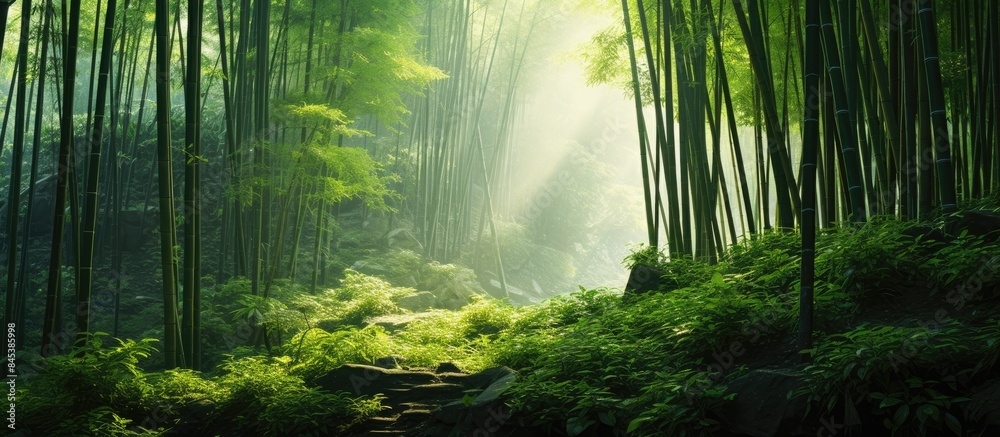 Obraz premium Bamboo Forest with Sunlight. Creative banner. Copyspace image