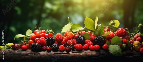 Forest fruit is a fruit that occurs naturally in the wild Both edible and inedible A variety of wildlife Increase the fertility of the forests. Creative banner. Copyspace image photo