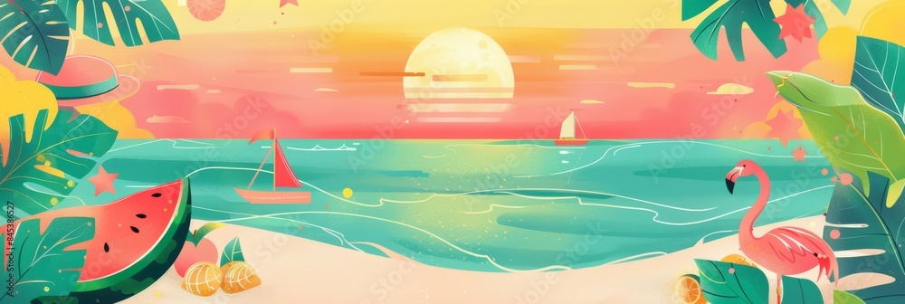 playful and colorful beach illustration featuring a flamingo, tropical plants, and a stunning sunset over the ocean, evoking a sense of fun and relaxation. playful and colorful beach illustration featuring a flamingo, tropical plants, and a stunning sunset over the ocean, evoking a sense of fun and relaxation.