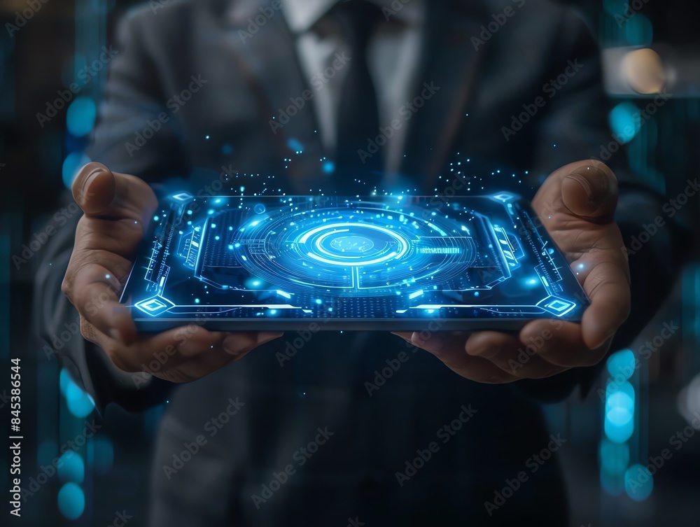 Fototapeta premium Businessman with Secure Digital Lock Screen A businessman holding a digital lock screen