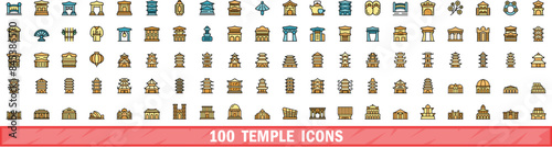 100 temple icons set. Color line set of temple vector icons thin line color flat on white
