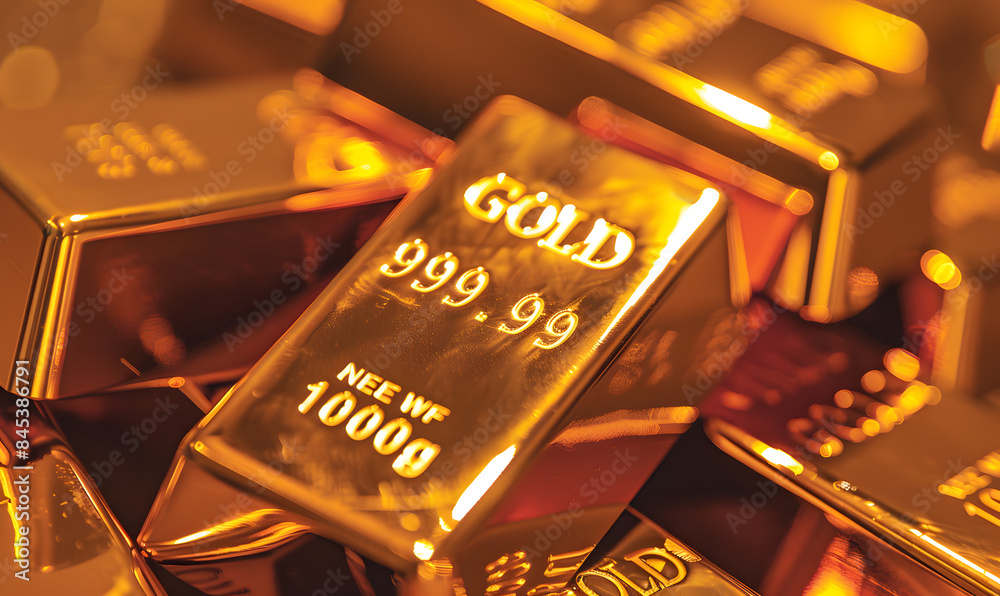 Close-up of gold bars with intricate engravings, reflecting ambient light, symbolizing luxury and stability Close-up of gold bars with intricate engravings, reflecting ambient light, symbolizing luxury and stability