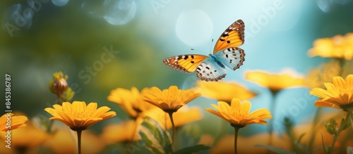 A small butterfly with the scientific name Amata huebneri perched on a flower. Creative banner. Copyspace image photo