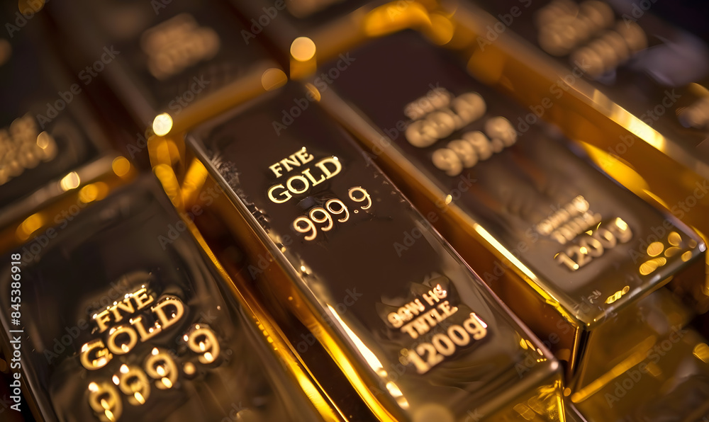 Close-up of gold bars with intricate engravings, reflecting ambient light, symbolizing luxury and stability Close-up of gold bars with intricate engravings, reflecting ambient light, symbolizing luxury and stability
