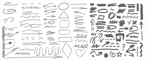 Hand drawn sketch black marker, brushed signs, arrows, lines, shapes, handwritten, design elements set isolated on white background. Vector illustration