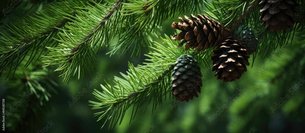 beautiful bunch of fir cones on a green branch. Creative banner. Copyspace image beautiful bunch of fir cones on a green branch. Creative banner. Copyspace image
