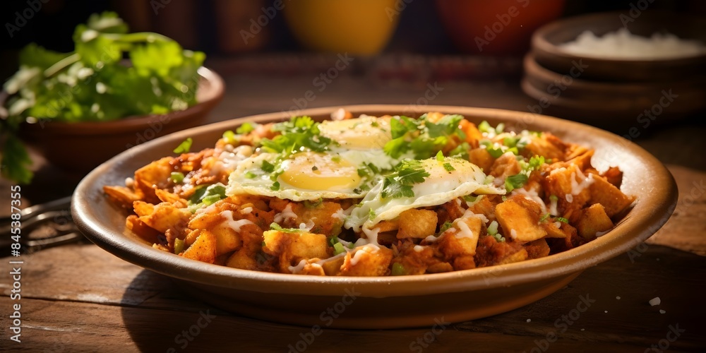 Mexican breakfast dish of chilaquiles enjoyed in the morning sunlight. Concept Mexican cuisine, Breakfast dishes, Chilaquiles recipe, Morning meal, Food photography