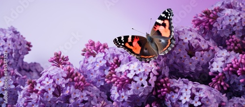 Red admiral butterfly Vanessa atalanta mariposa almirante rojo on a buquet purple lilac flowers Syringa vulgaris Lilac flowers a feast for butterflies. Creative banner. Copyspace image photo