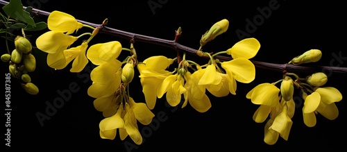 yellow laburnum on a dark background. Creative banner. Copyspace image photo
